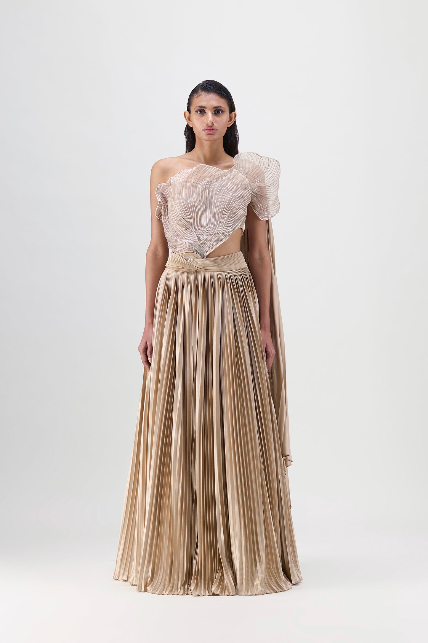 Corded Coral Top And  Plissé  Skirt