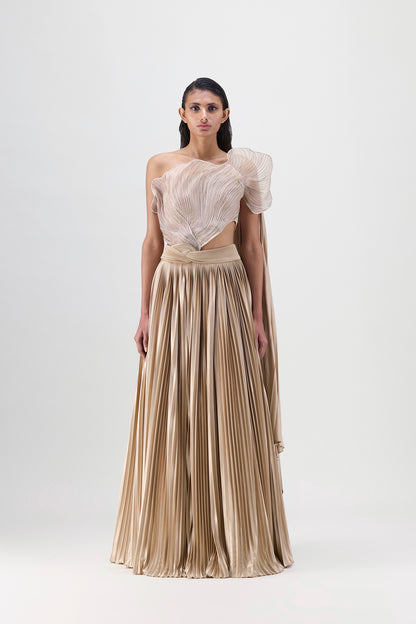Corded Coral Top And  Plissé  Skirt
