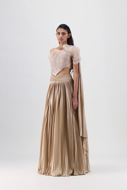 Corded Coral Top And  Plissé  Skirt