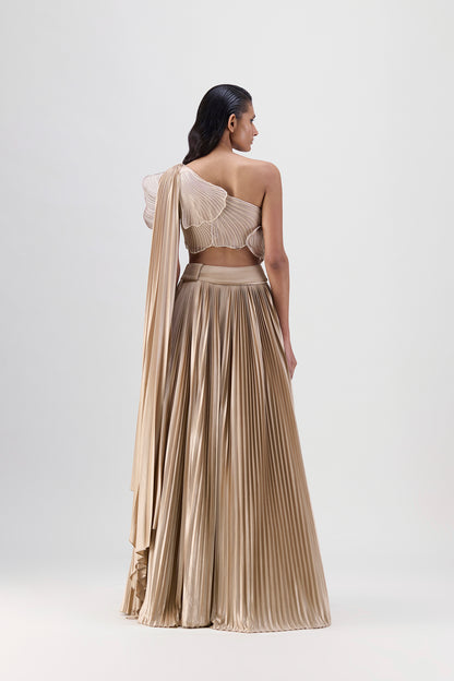 Corded Coral Top And  Plissé  Skirt