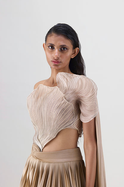 Corded Coral Top And  Plissé  Skirt