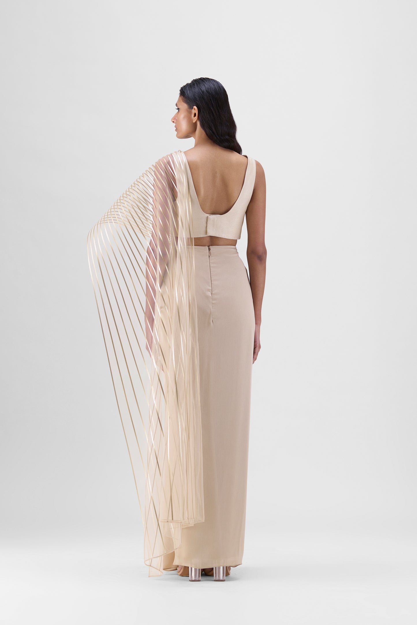 METALLIC WINGED DRAPED CHIFFON SAREE