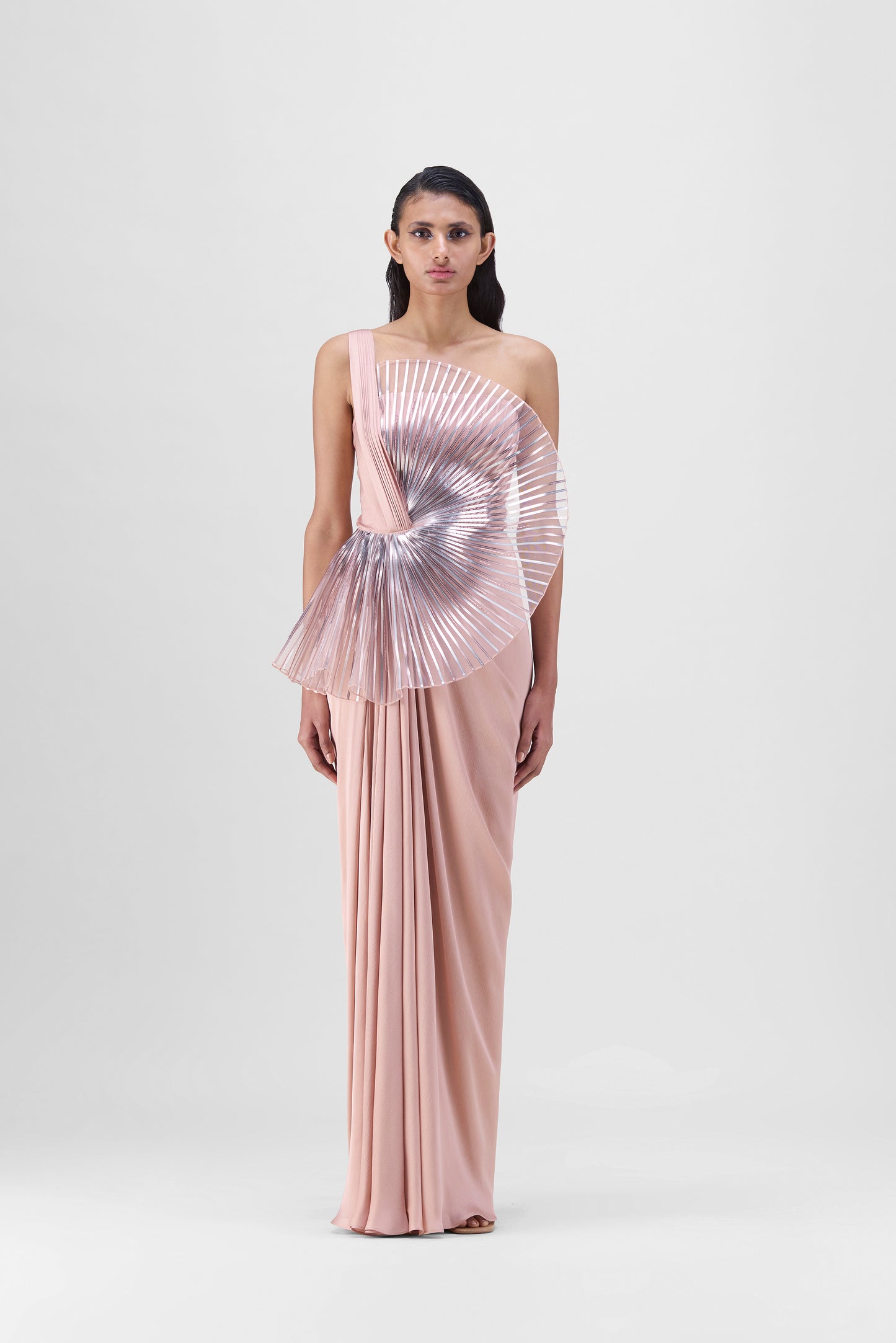 Metallic Sun Ray Draped Gown