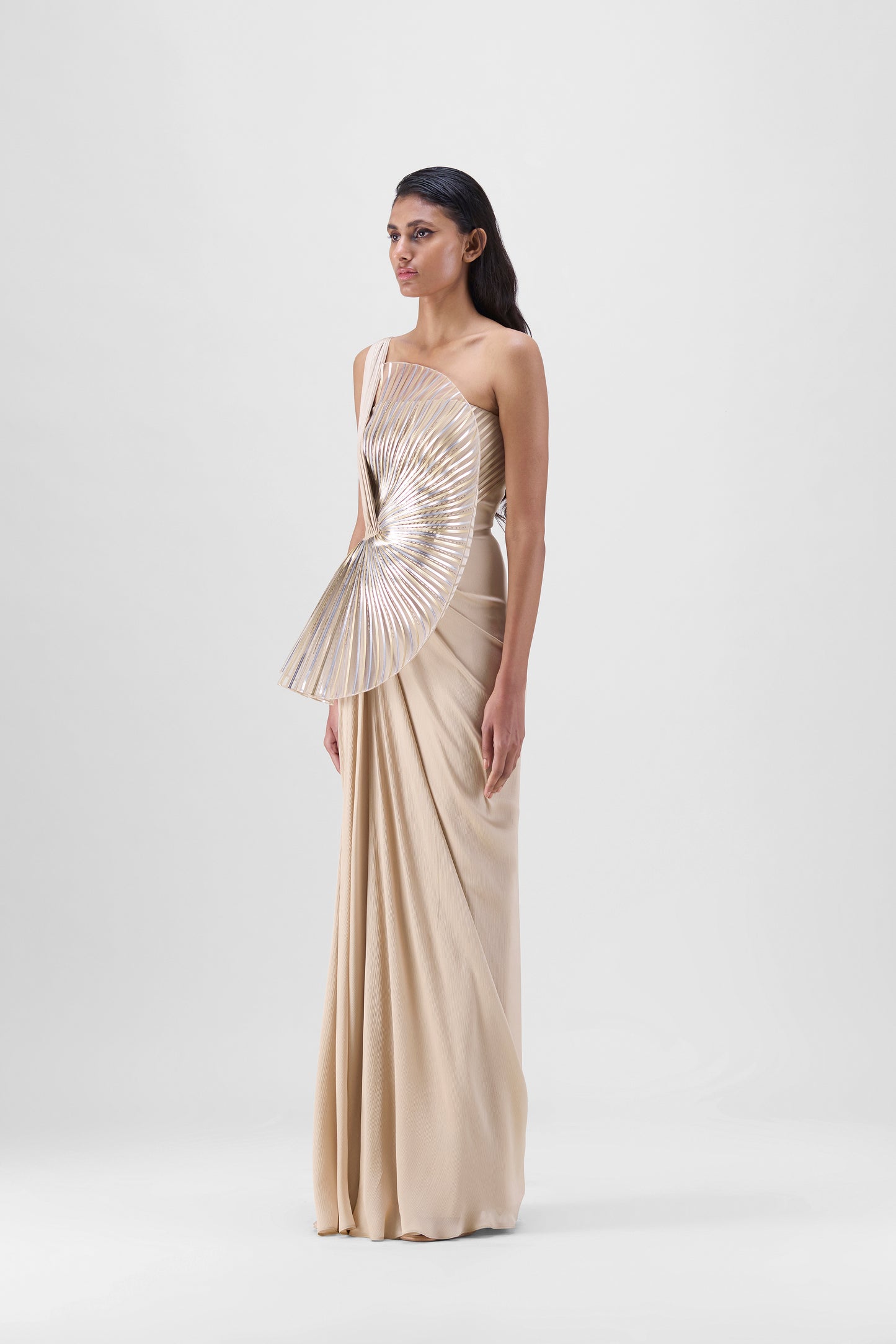 Metallic Sun Ray Draped Gown