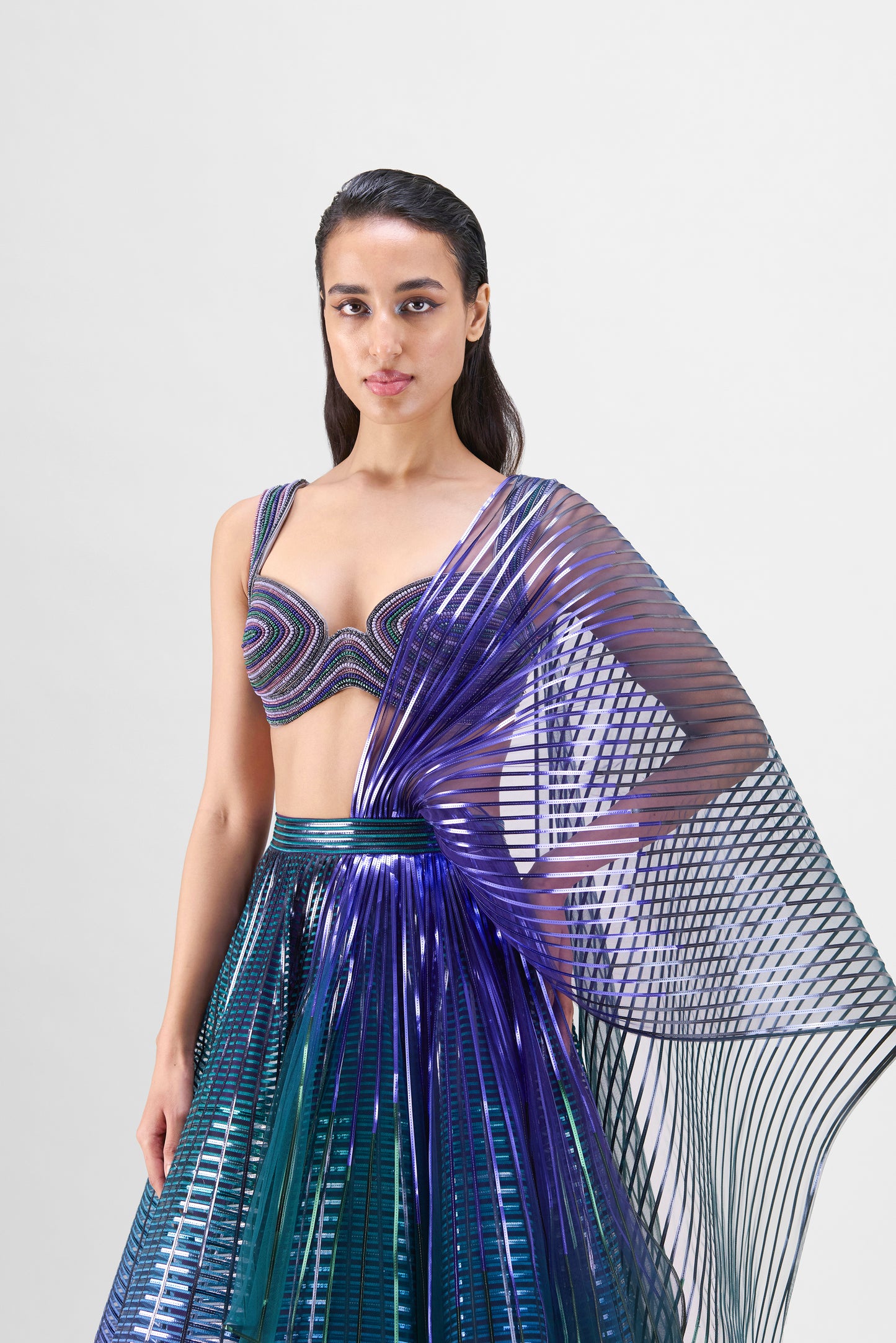 Structured Beaded Top With Metallic Ombre Skirt