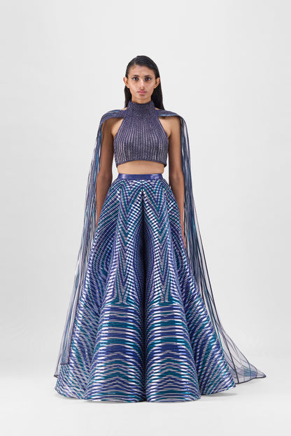 Metallic Braided Halter Top With A Fluted Tulle Printed Skirt