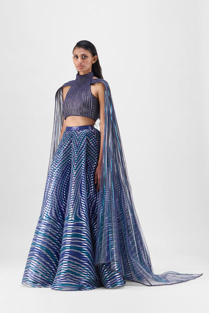 Metallic Braided Halter Top With A Fluted Tulle Printed Skirt