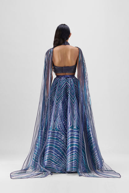Metallic Braided Halter Top With A Fluted Tulle Printed Skirt