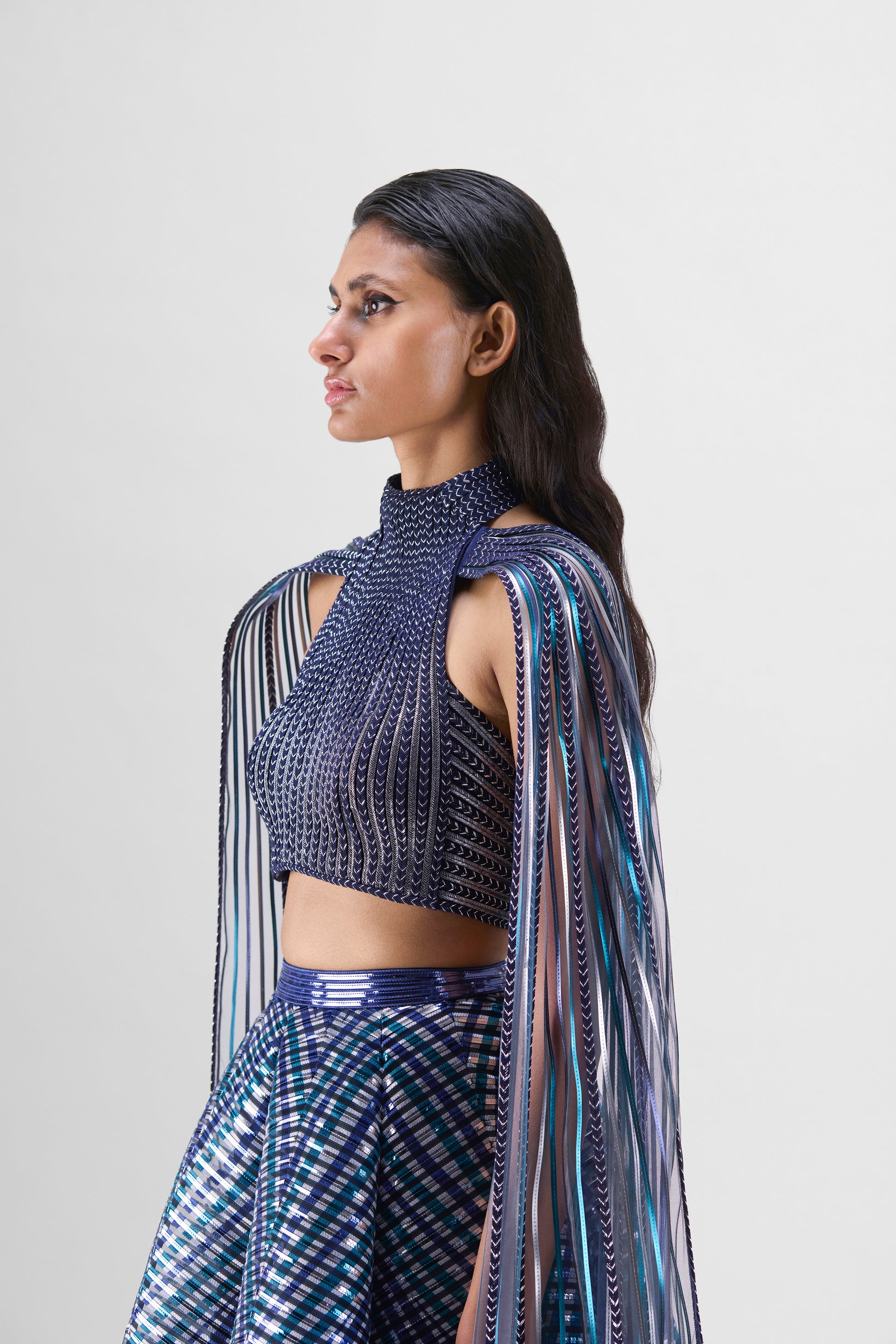 Metallic Halter And Striped Skirt – Amit Aggarwal