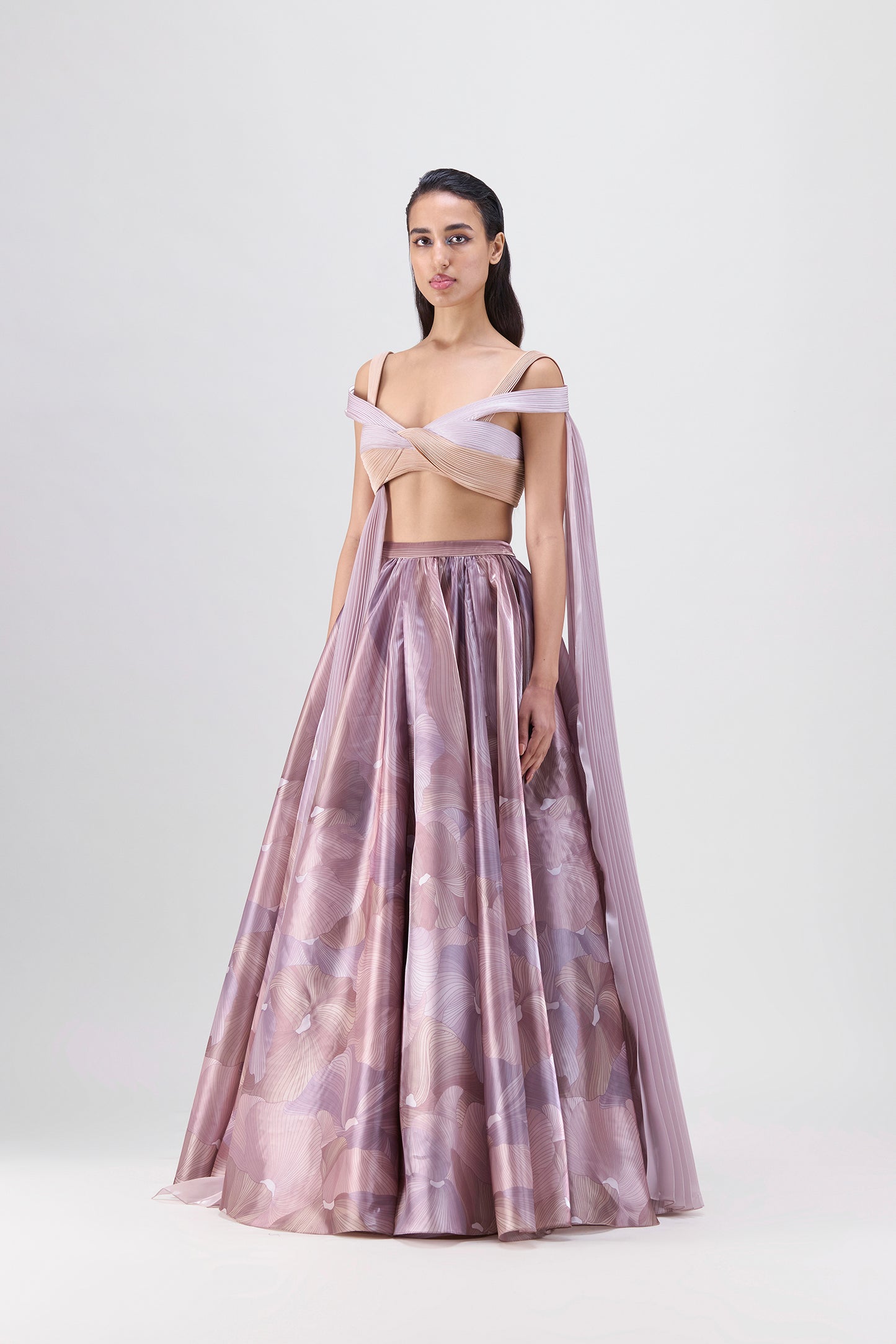 Structured Top And Printed Skirt In Glazed Organza