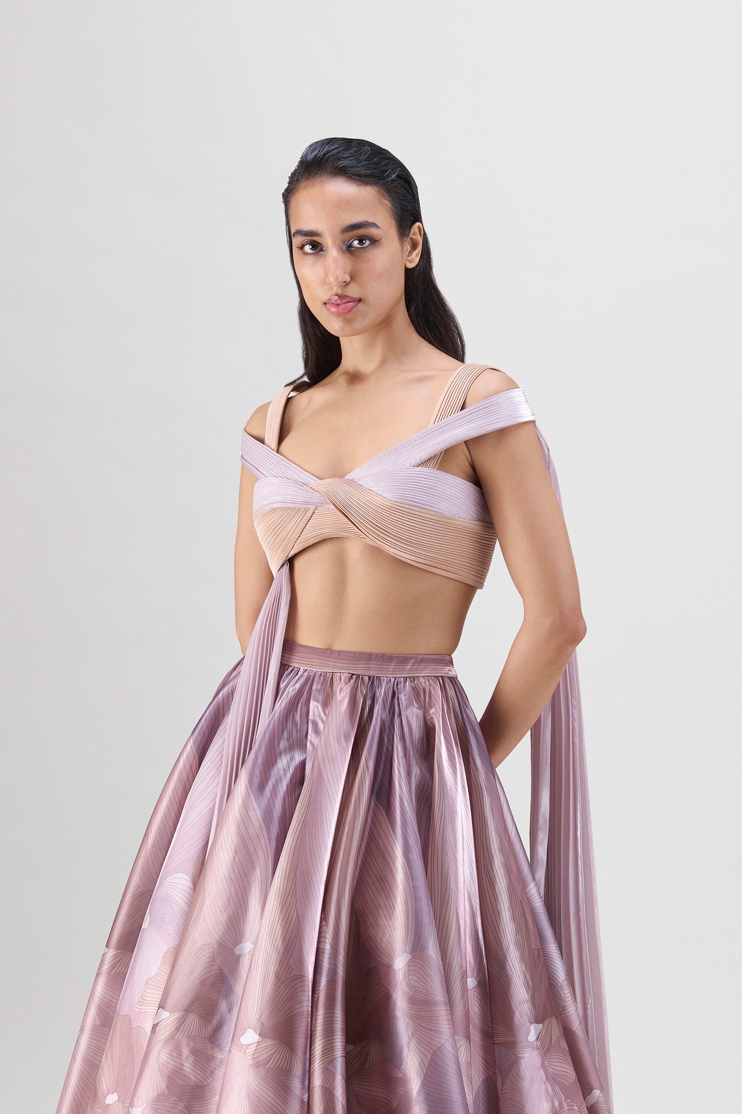 Structured Top And Printed Skirt In Glazed Organza