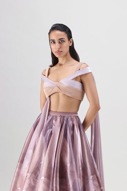 Structured Top And Printed Skirt In Glazed Organza