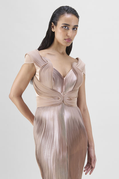Metallic Micro Pleated Serrated Gown