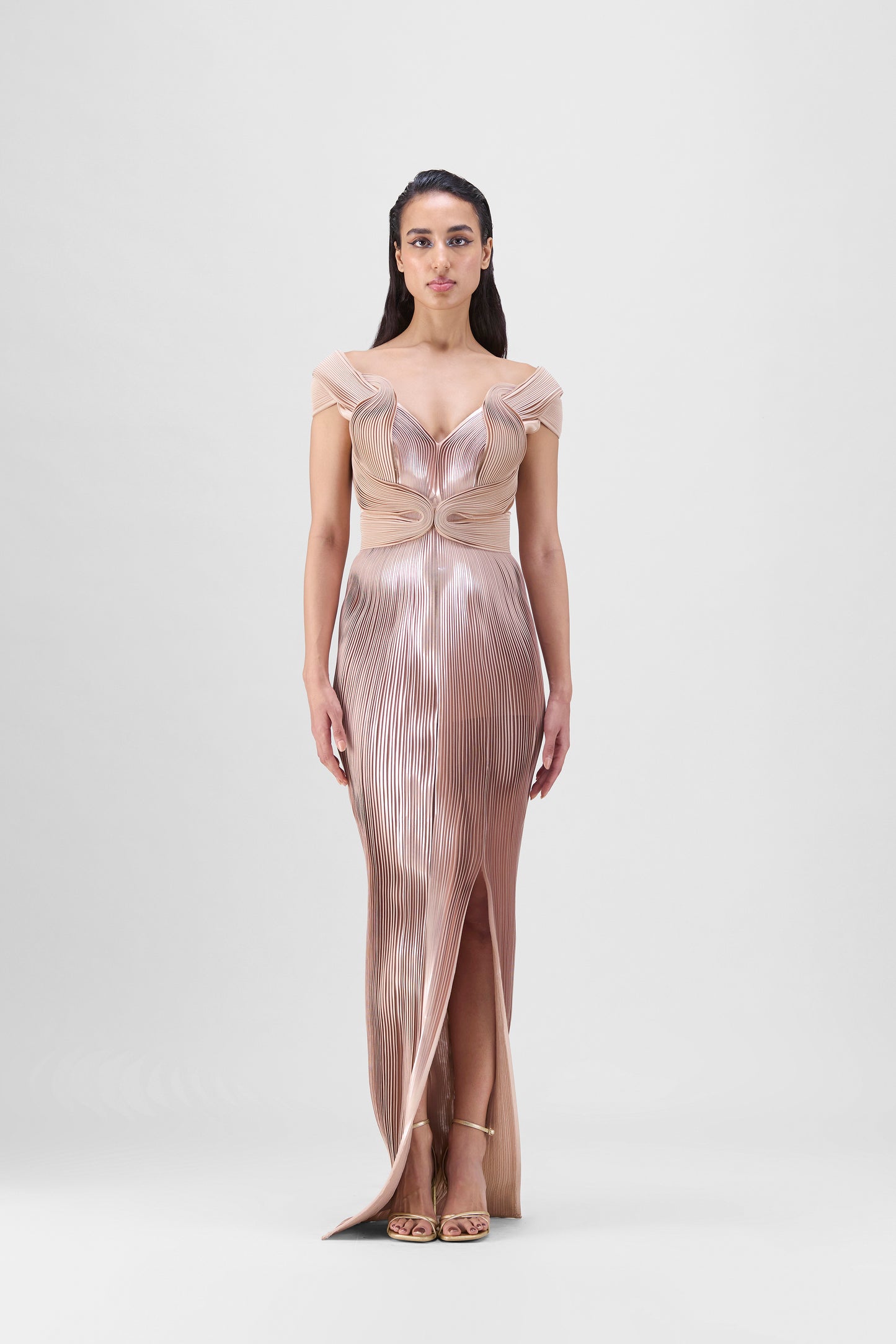 Metallic Micro Pleated Serrated Gown