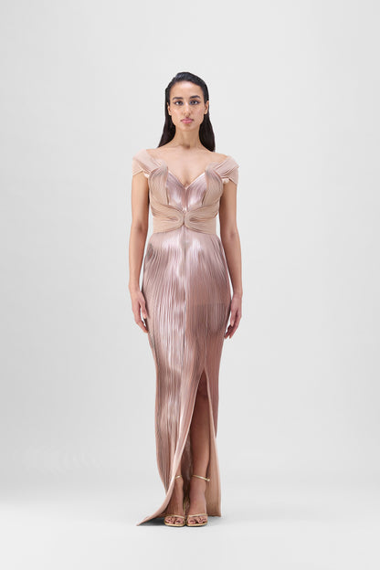 Metallic Micro Pleated Serrated Gown
