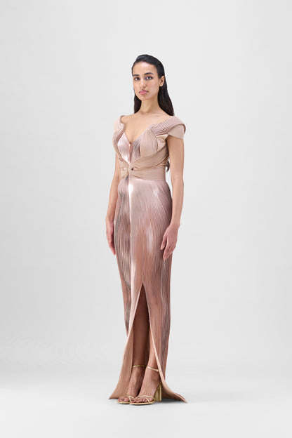 Metallic Micro Pleated Serrated Gown