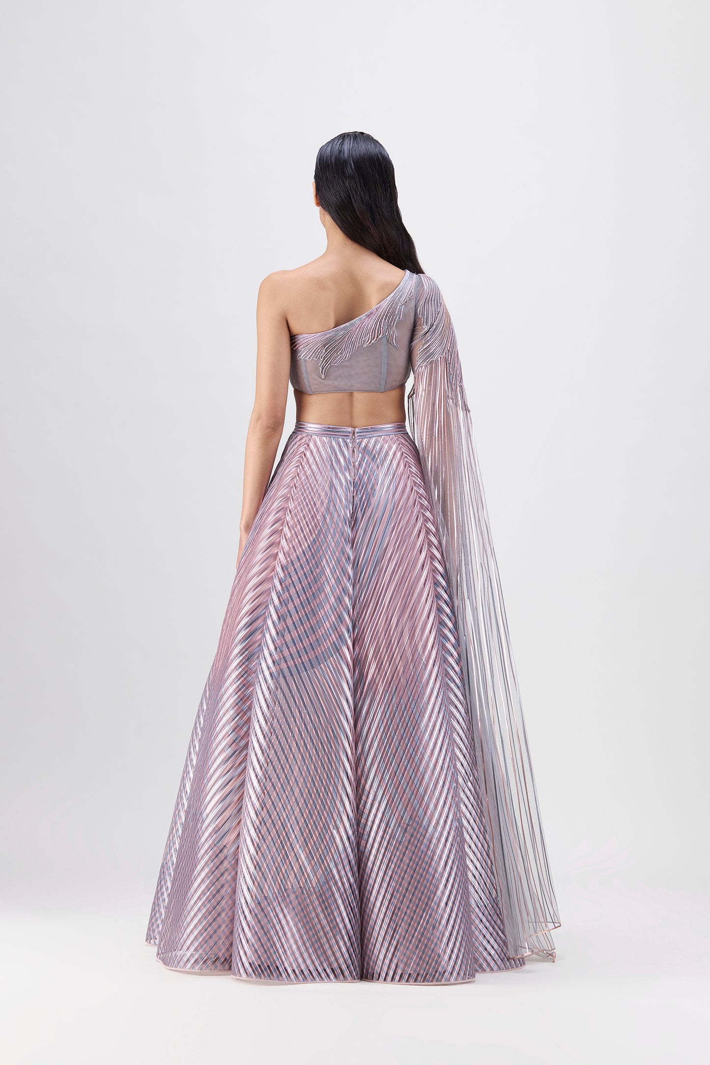 Metallic Fluted Tulle Printed Skirt And Beaded Top