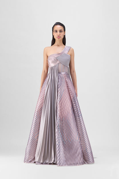 METALLIC FLUTED TULLE PRINTED SKIRT AND TOP WITH TWO DRAPES