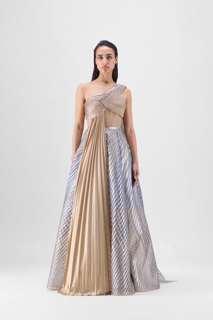 METALLIC FLUTED TULLE PRINTED SKIRT AND TOP WITH TWO DRAPES