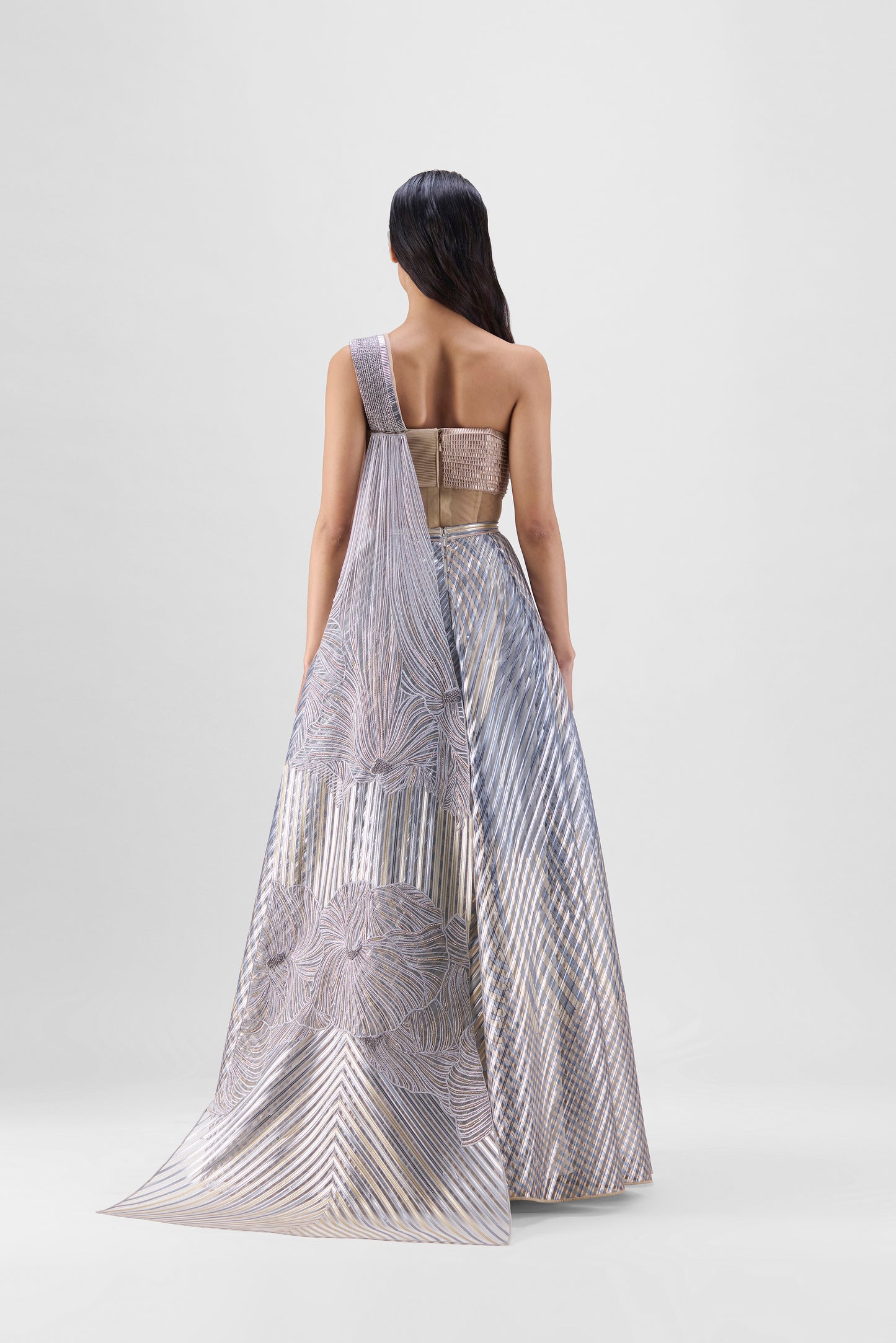 METALLIC FLUTED TULLE PRINTED SKIRT AND TOP WITH TWO DRAPES