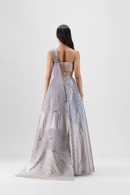 METALLIC FLUTED TULLE PRINTED SKIRT AND TOP WITH TWO DRAPES