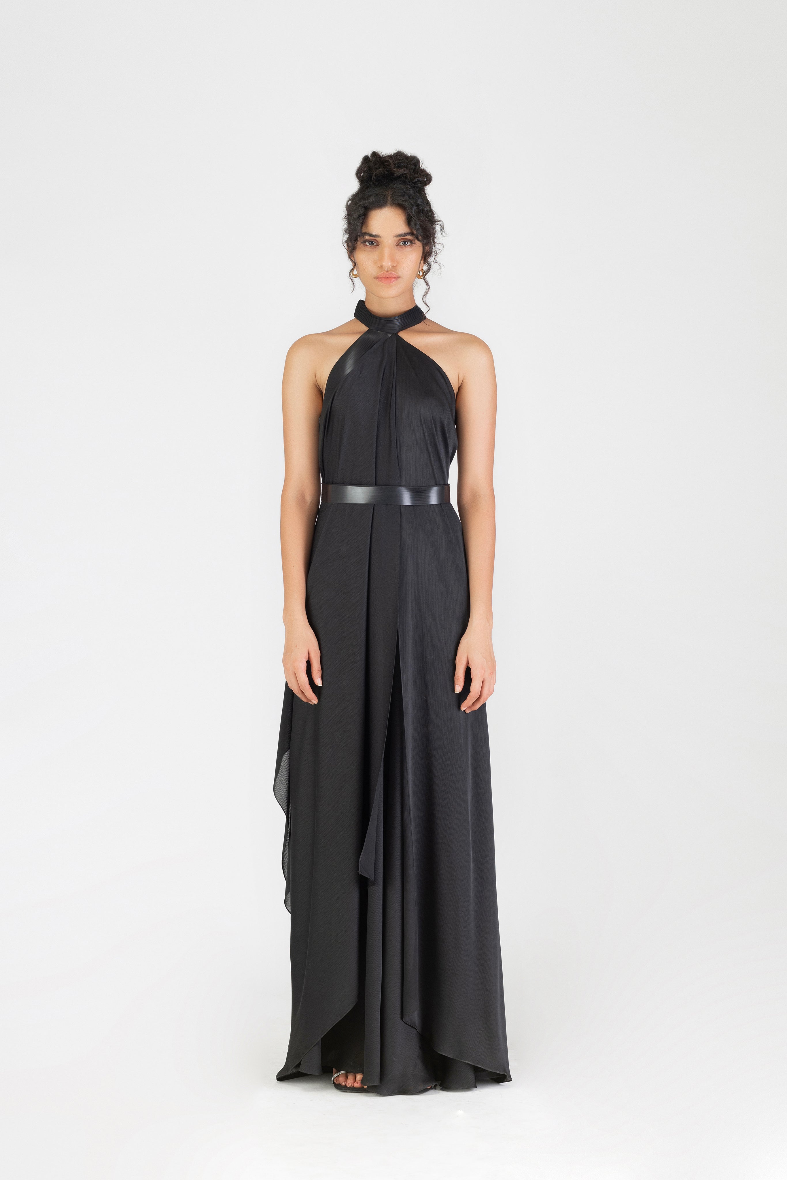 Metallic Halter Fluid Dress