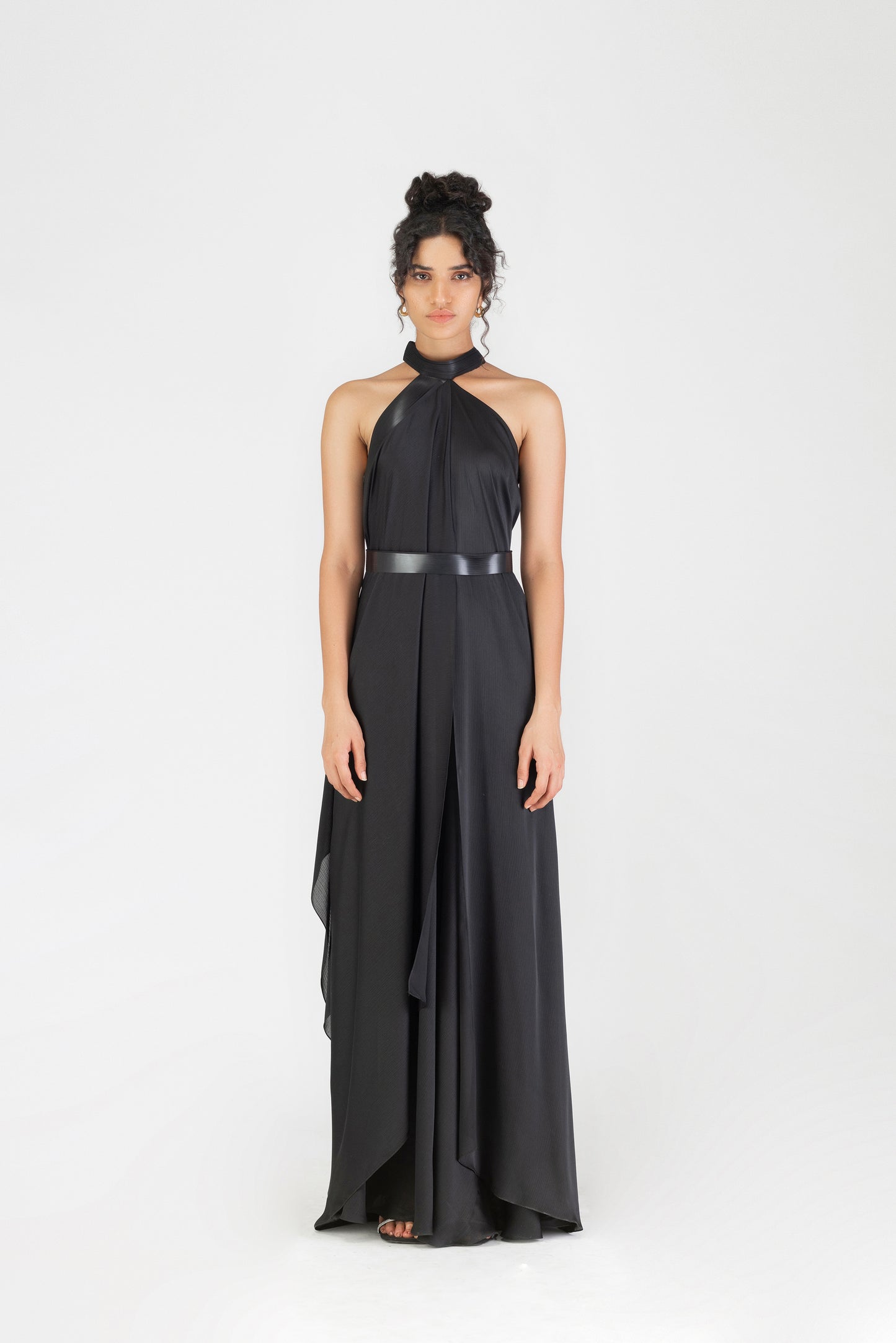 Metallic Halter Fluid Dress