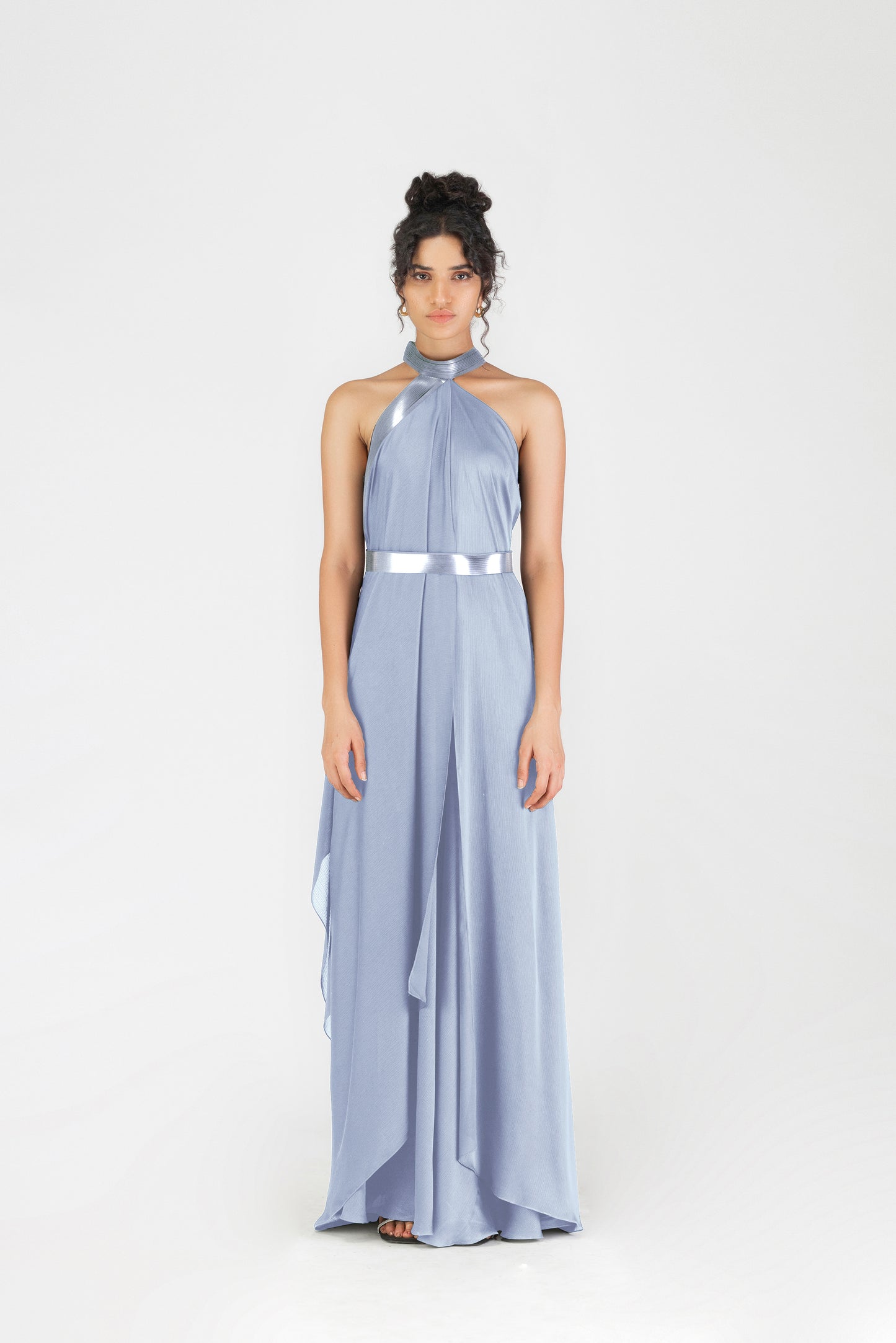 Metallic Halter Fluid Dress