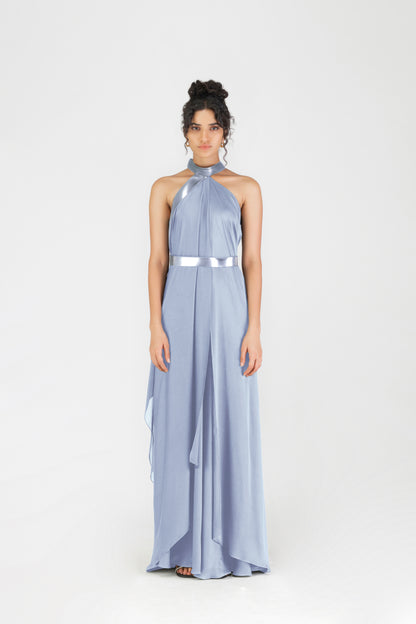 Metallic Halter Fluid Dress