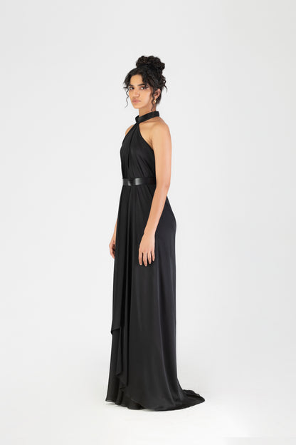 Metallic Halter Fluid Dress