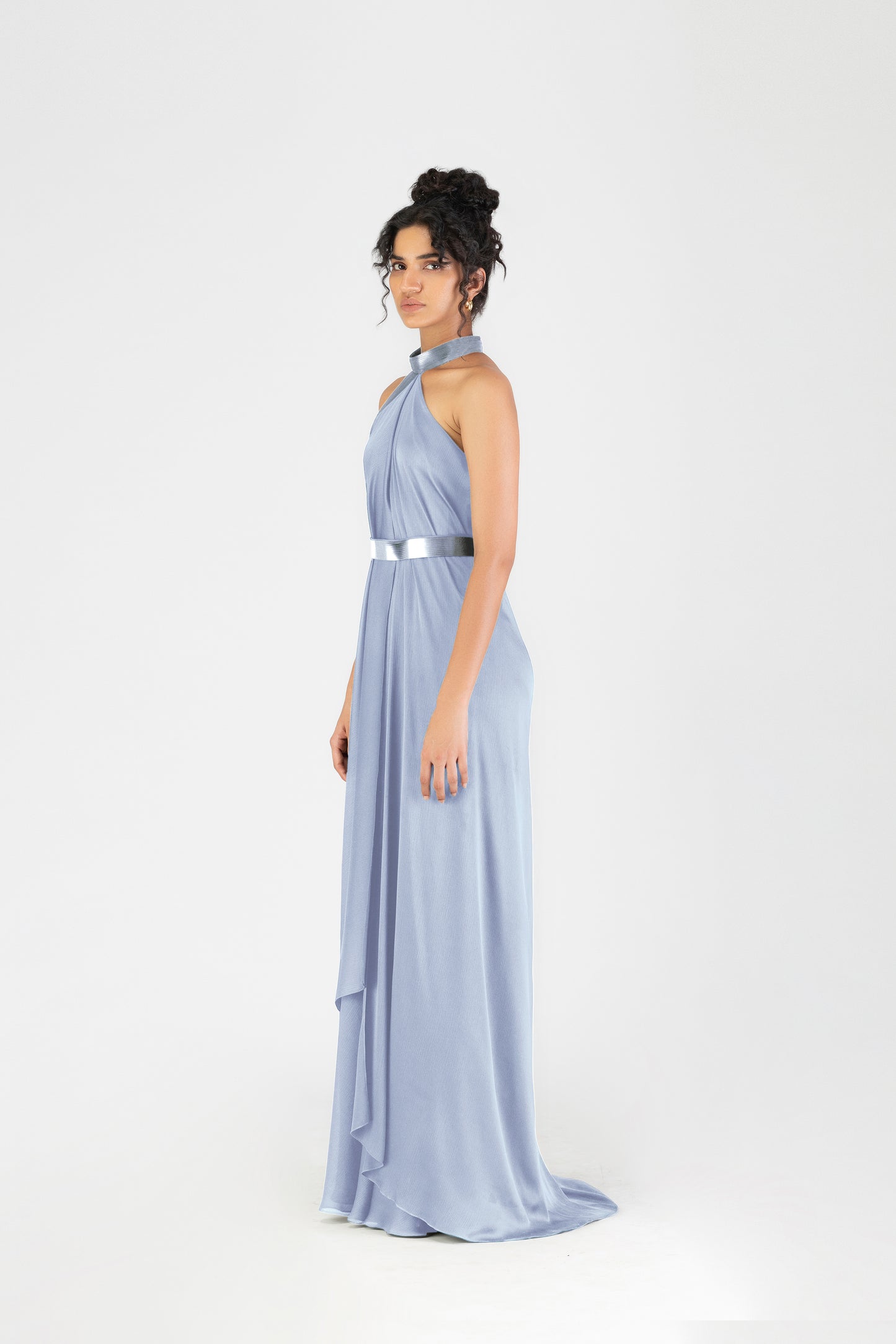Metallic Halter Fluid Dress
