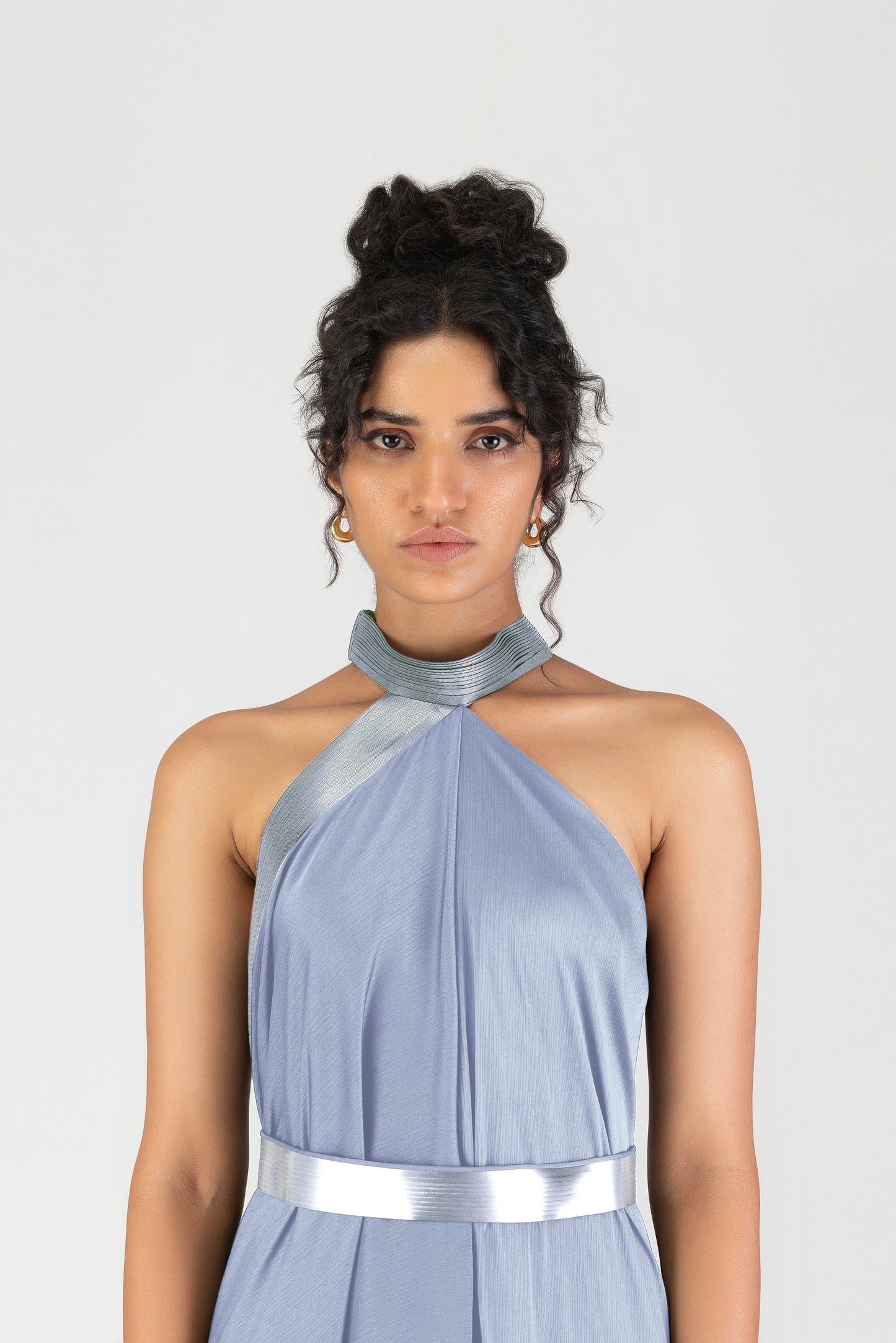 Metallic Halter Fluid Dress