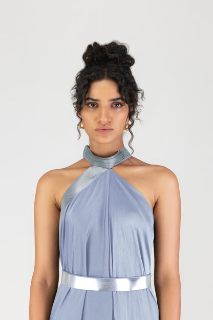 Metallic Halter Fluid Dress