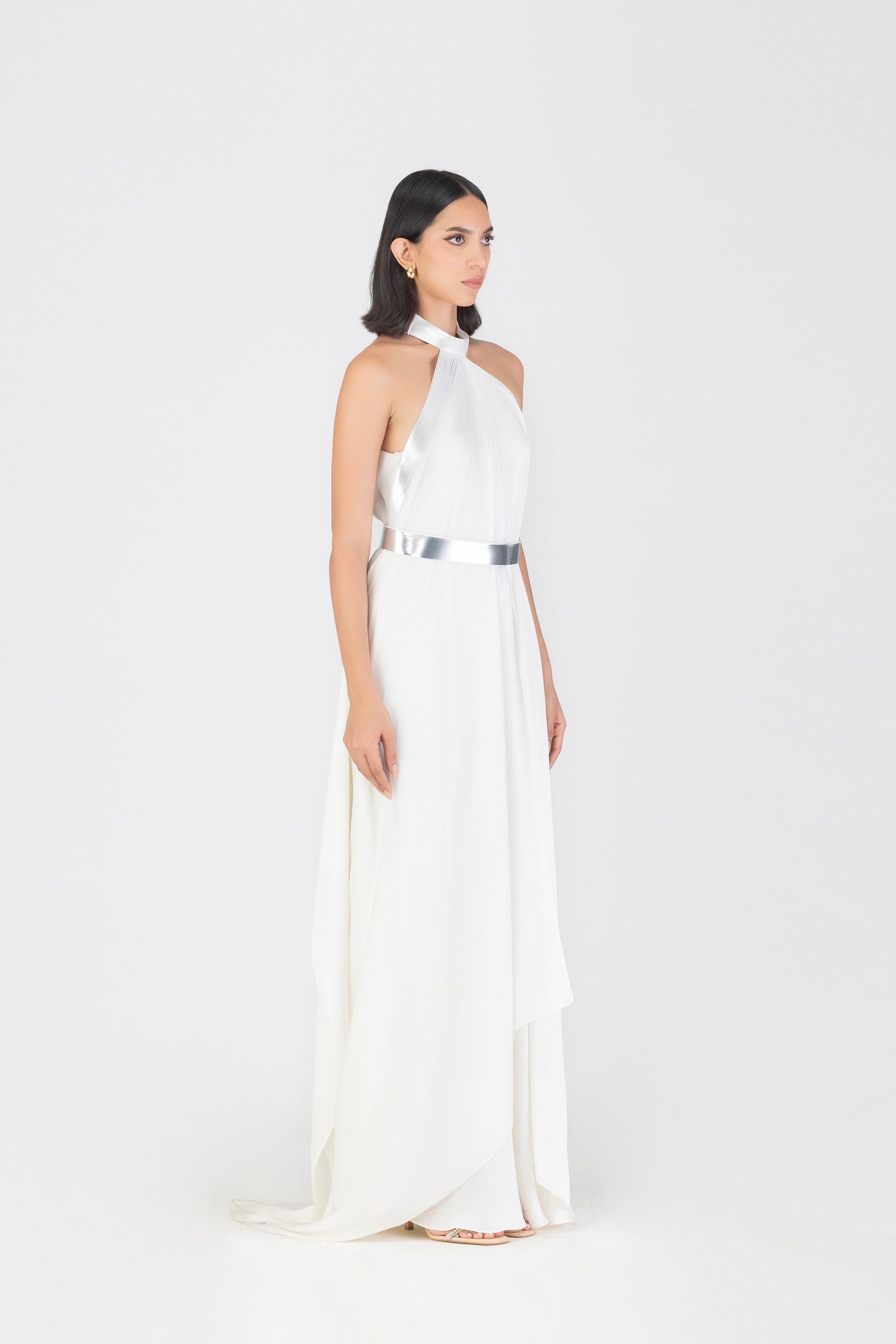 Metallic Halter Fluid Dress