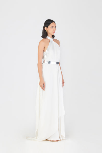 Metallic Halter Fluid Dress