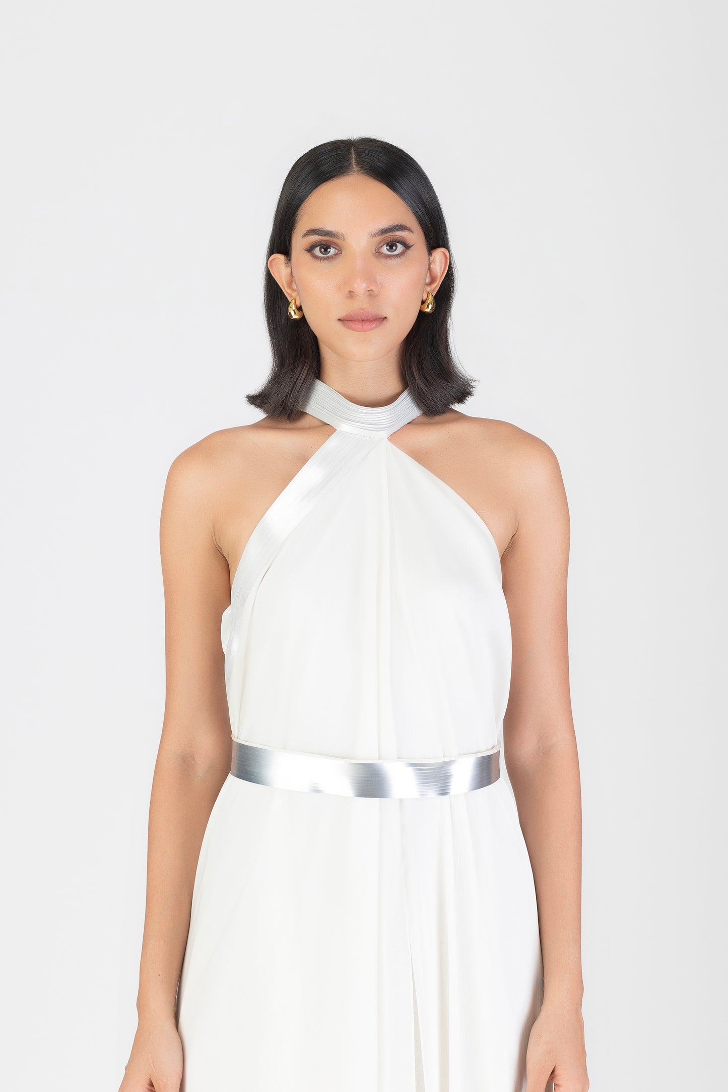 Metallic Halter Fluid Dress