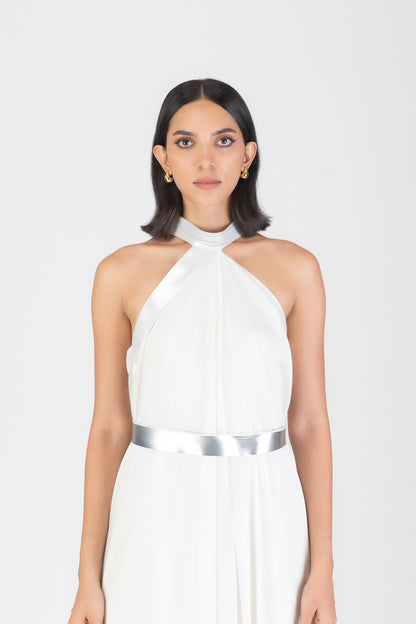 Metallic Halter Fluid Dress