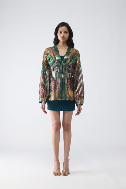 Metallic Fin Print Cape With Short Dress
