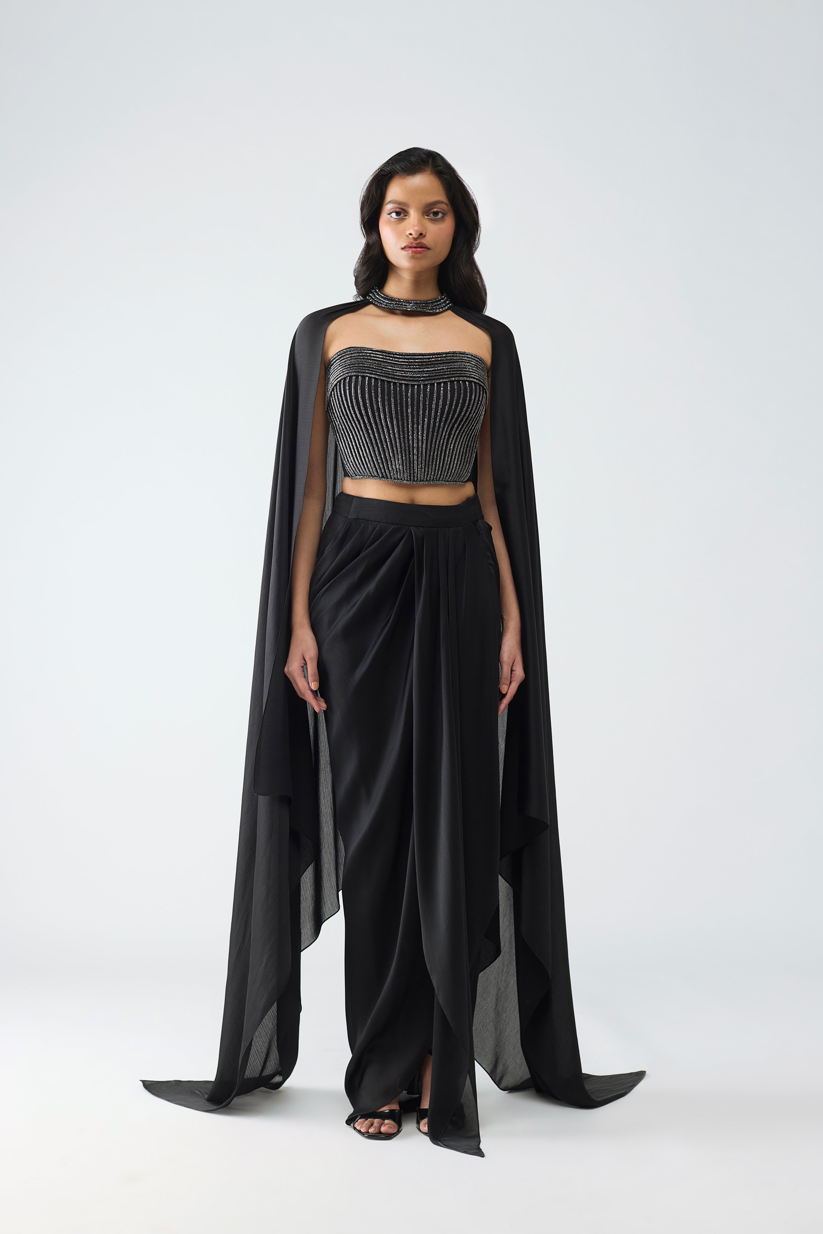 Crystalvein Bustier And Draped Skirt With Cape
