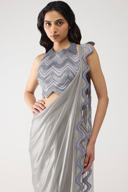 Metallic Scale Halter And Draped Saree