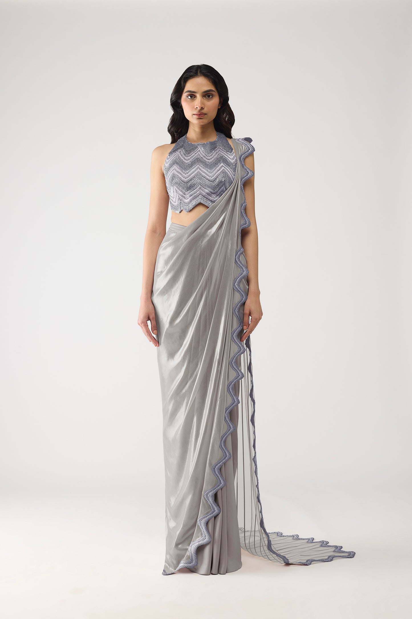Metallic Scale Halter And Draped Saree