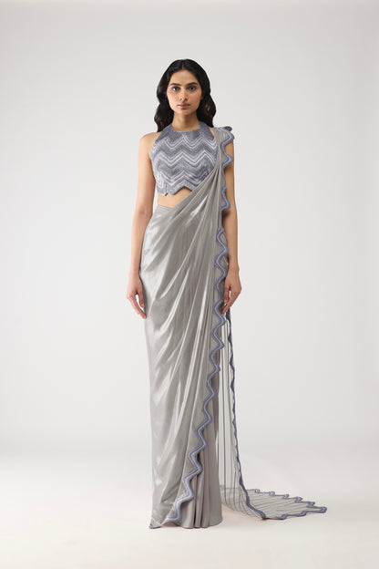 Metallic Scale Halter And Draped Saree