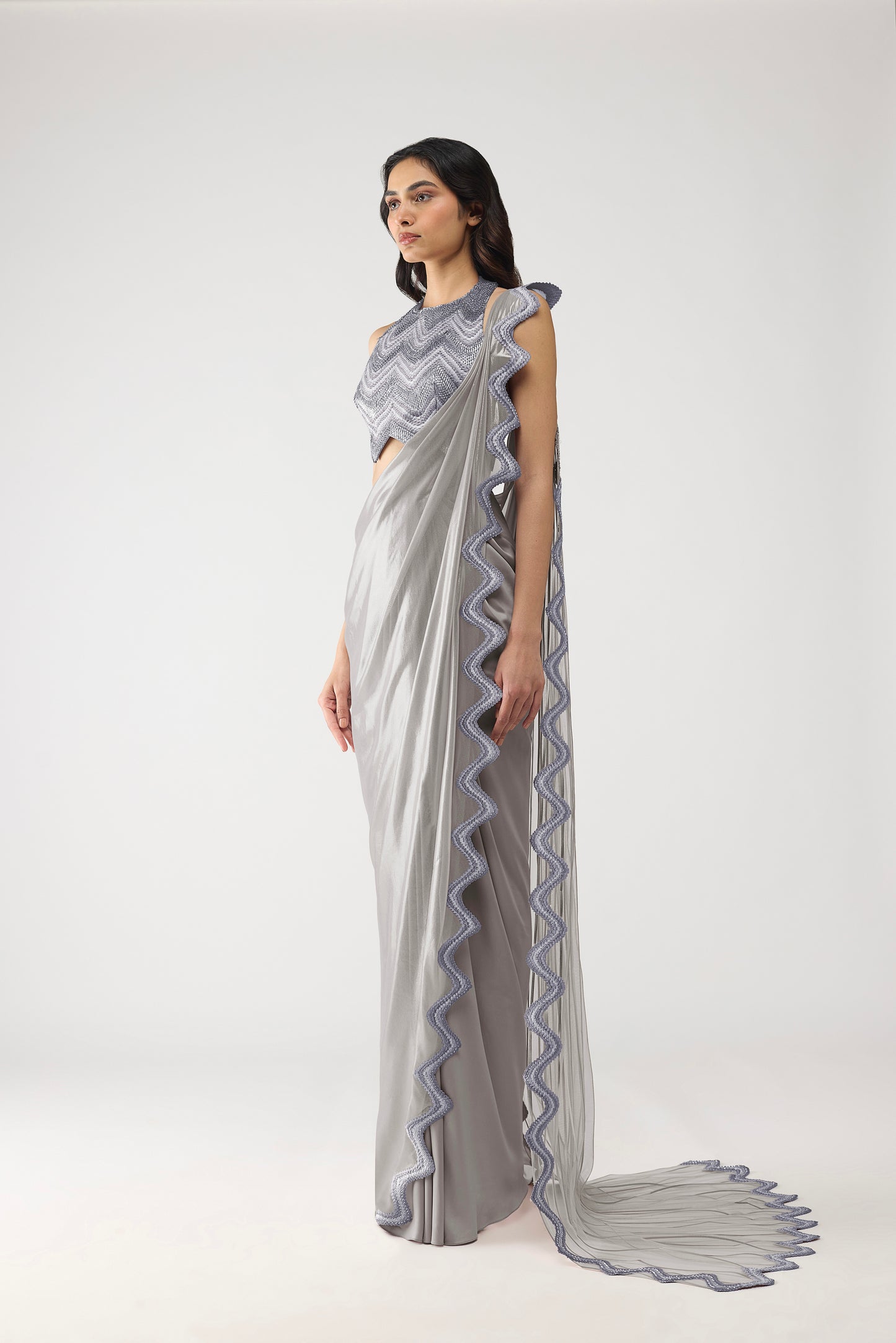 Metallic Scale Halter And Draped Saree