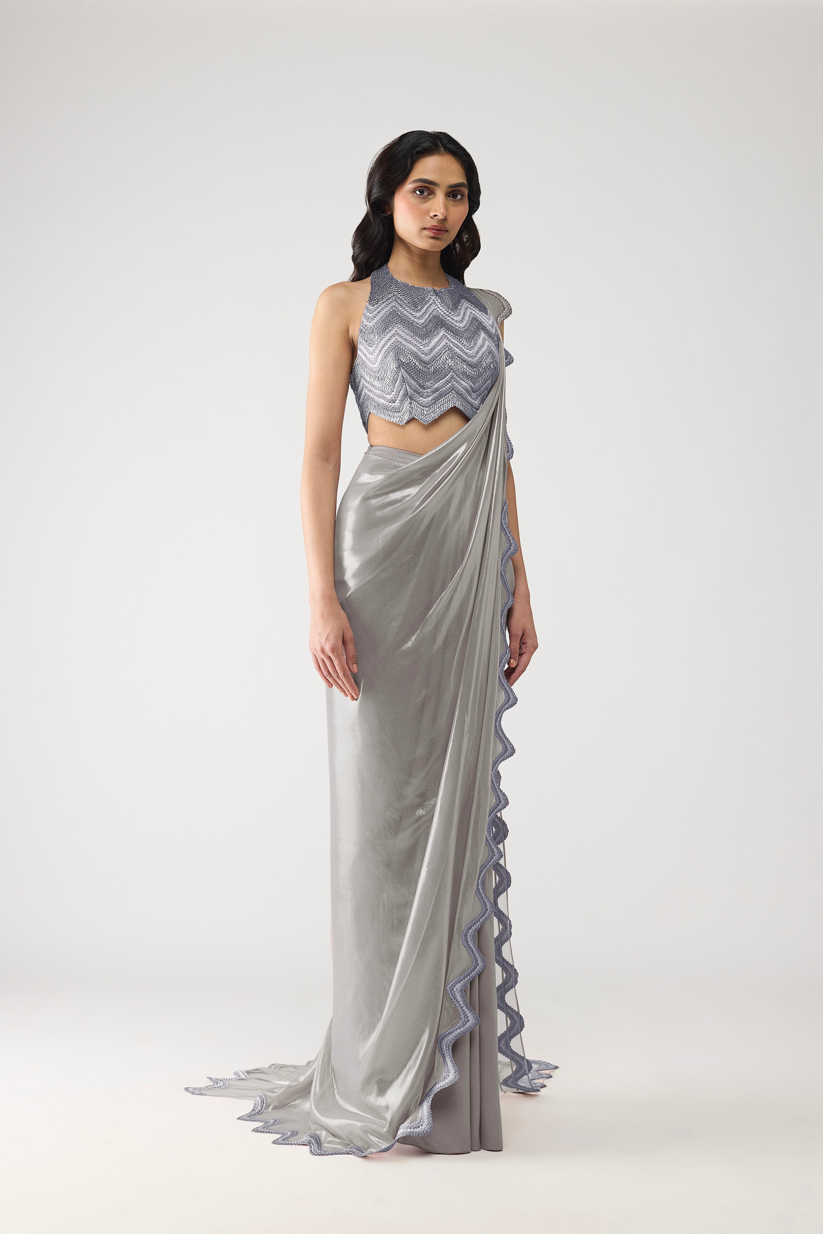 Metallic Scale Halter And Draped Saree