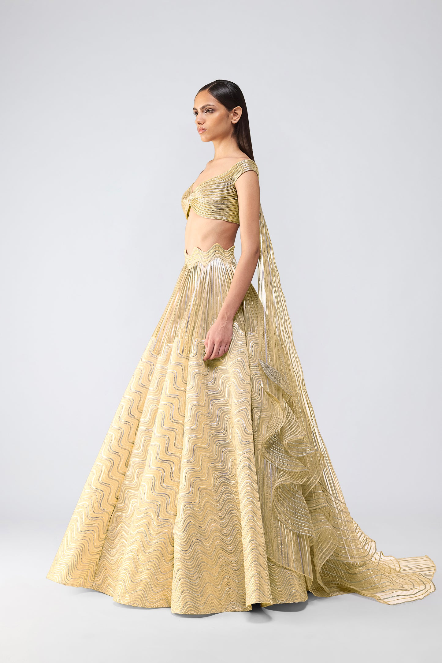 Corded Top With Metallic Skirt And Drape