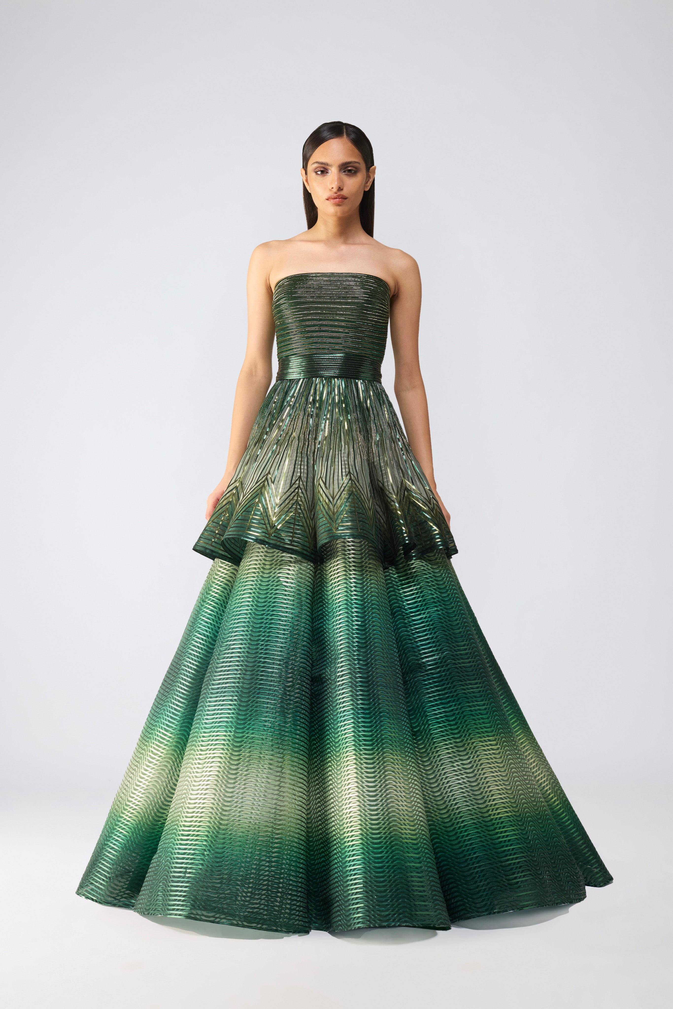 Metallic Glitch Flared Peplum Gown
