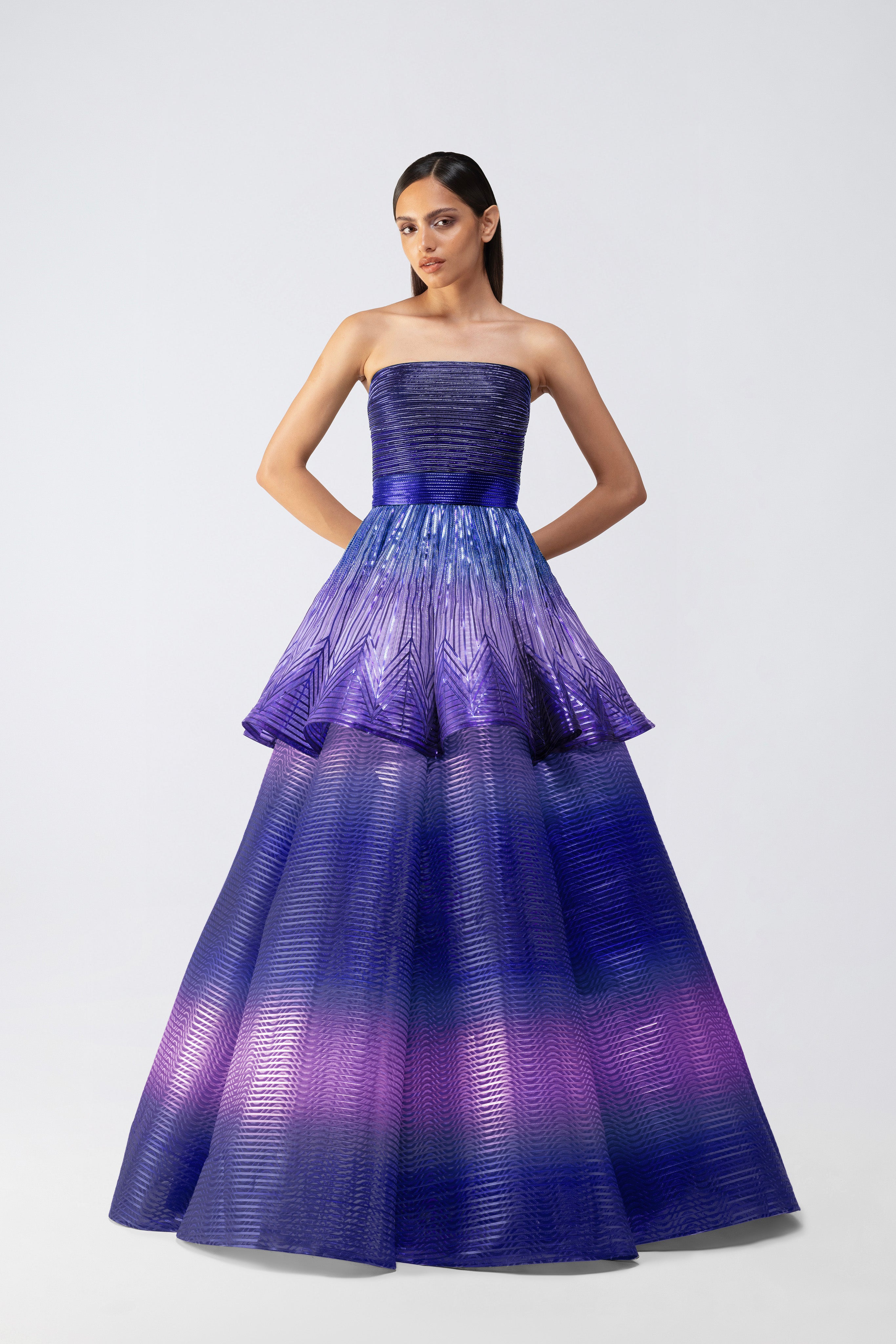 Metallic Glitch Flared Peplum Gown