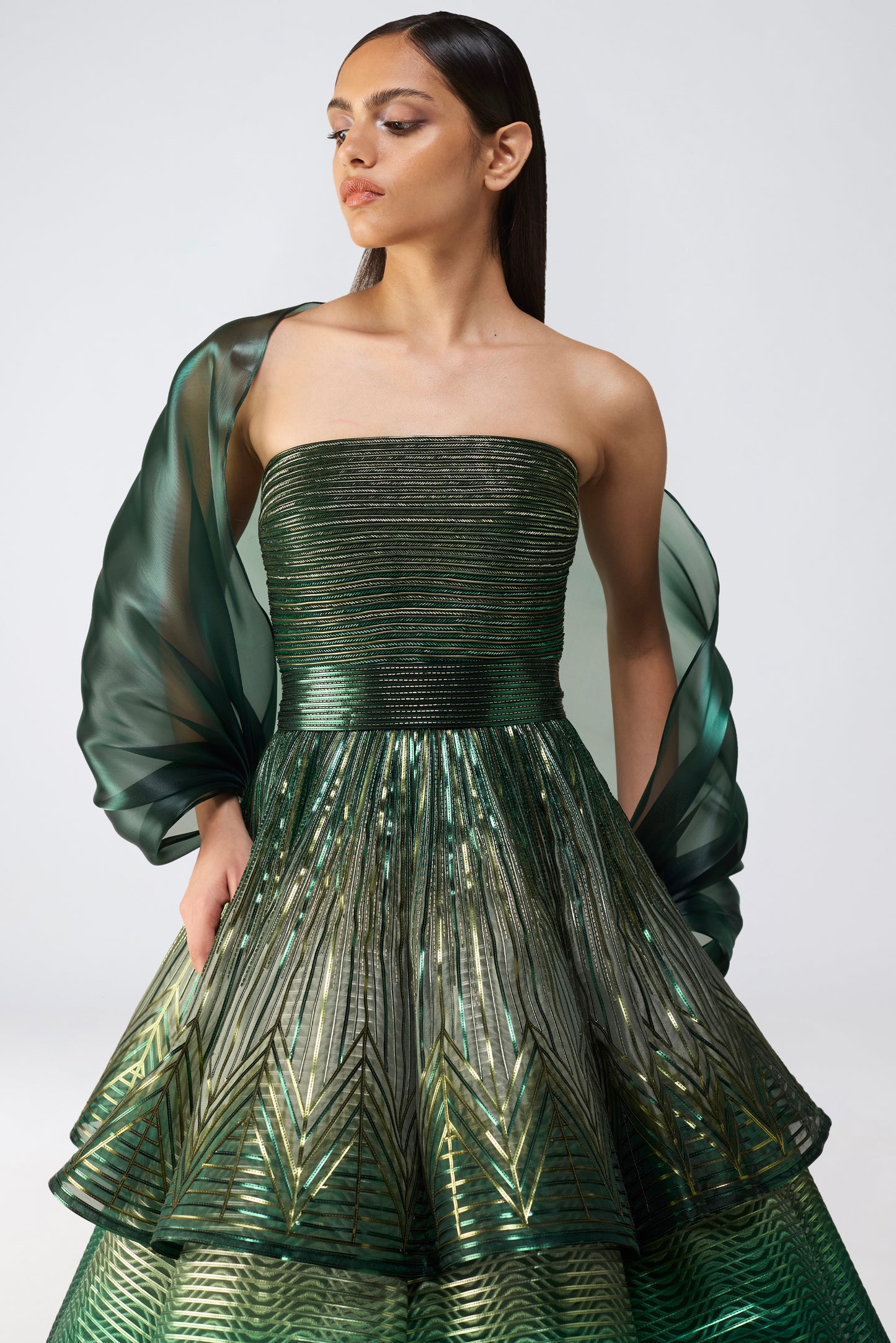 Metallic Glitch Flared Peplum Gown