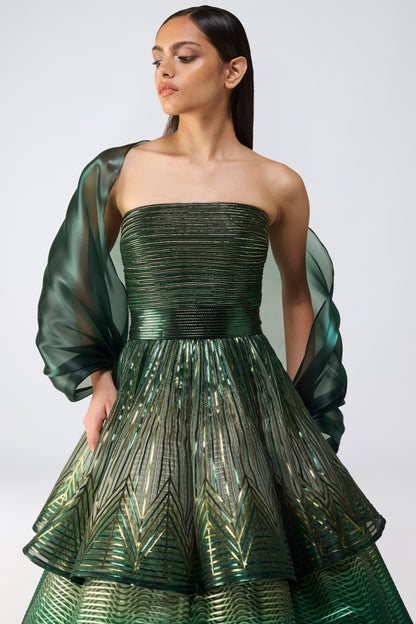 Metallic Glitch Flared Peplum Gown