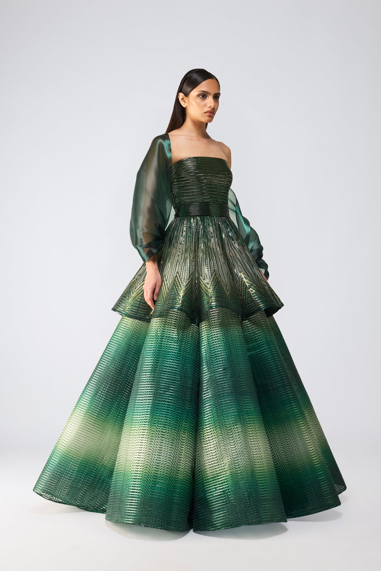 Metallic Glitch Flared Peplum Gown